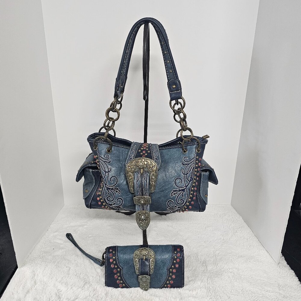 Montana West Blue Western Shoulder Bag w/ Wallet Chain Rodeo Cowgirl Conceal